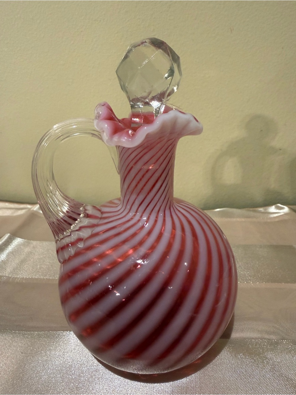 Vtg Fenton Cranberry Opalescent Spiral Swirl Cruet w/ Stopper - Ruffled Rim
